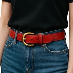 Y2K Coach Cherry Red Cowhide Leather Heavy Gold Brass Buckle Belt Size 28”